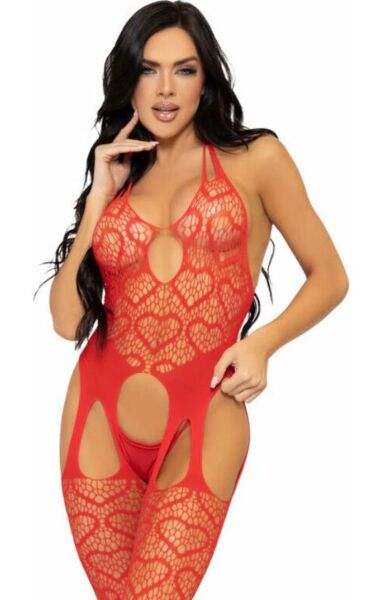 Leg Avenue Love Hangover heart net bodystocking with halter top and garter belt