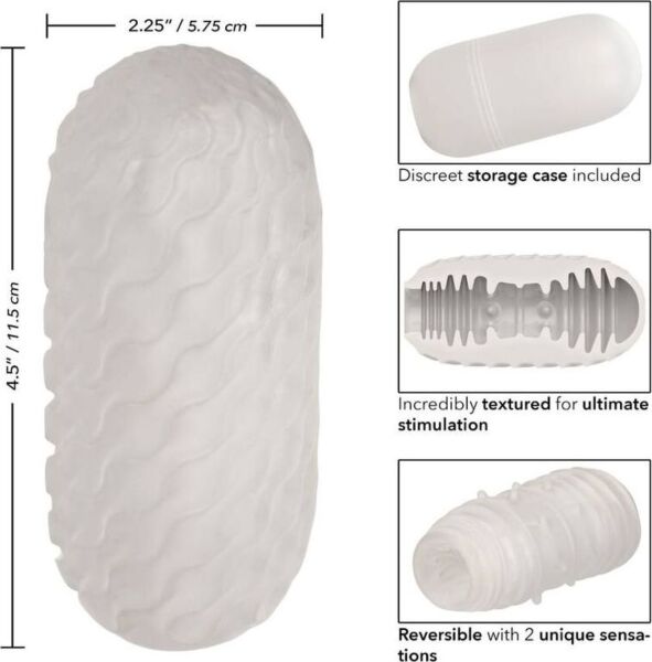 White CalExotics Boundless Reversible Ribbed Stroker masturbator next to its case