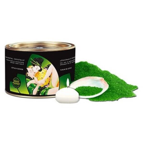 Shunga Lotus Flower bath salts, 600 g, with measuring shell and floating candle