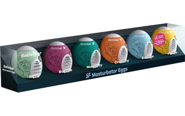 The six masturbator eggs from the Satisfyer Masturbator Egg Set of 6, each in a different colour