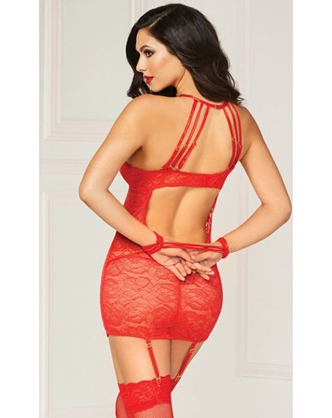 Seven 'til Midnight red lingerie chemise set, a lace suspender chemise with halter neck and matching cuffs