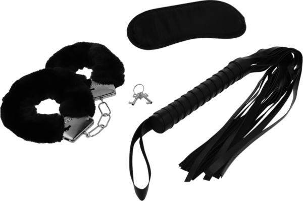 Intense Fetish bondage kit with handcuffs, blindfold and flogger