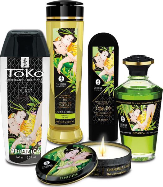 Shunga Garden of Edo massage kit with its five products and the box