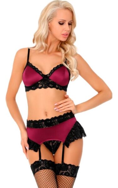 Livco Corsetti burgundy and black lingerie set, with bra, garter belt and thong