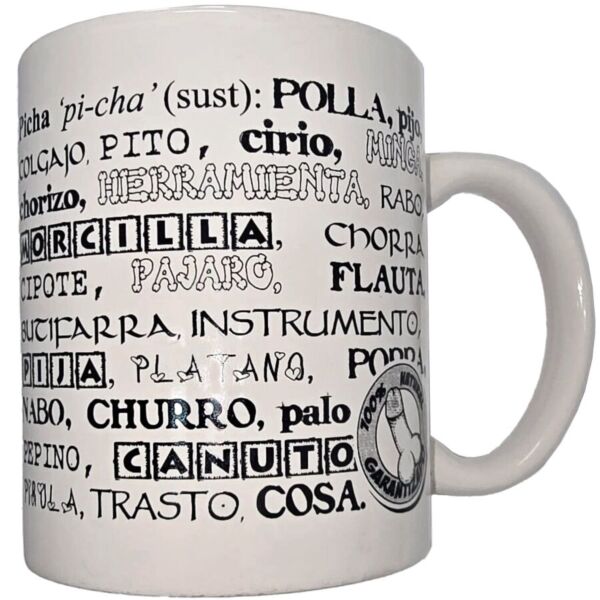 Diablo Picante white ceramic mug, 370 ml, with penis synonyms written in black