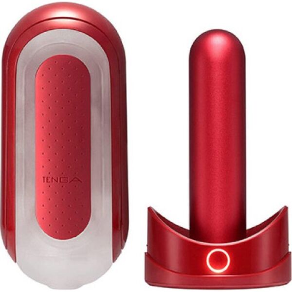 Tenga Flip Zero Red & Warmer Set masturbator in red, with its Flip Warmer