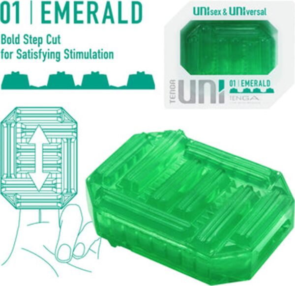 Tenga UNI Emerald reversible masturbator with its ridges on show