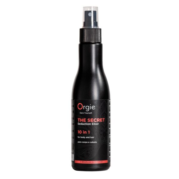 Spray bottle of the Orgie The Secret Seduction Elixir 10 in 1 pheromone lotion for body and hair