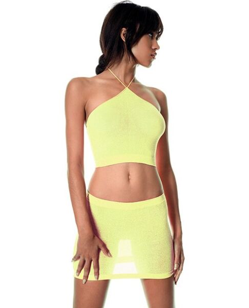 Music Legs top and skirt set with a halter-neck top and a lurex skirt in neon yellow