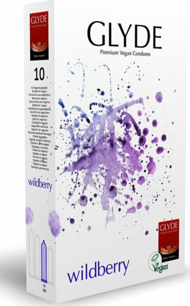 Box of Glyde Ultra Wildberry blackberry-flavoured condoms, pack of 10