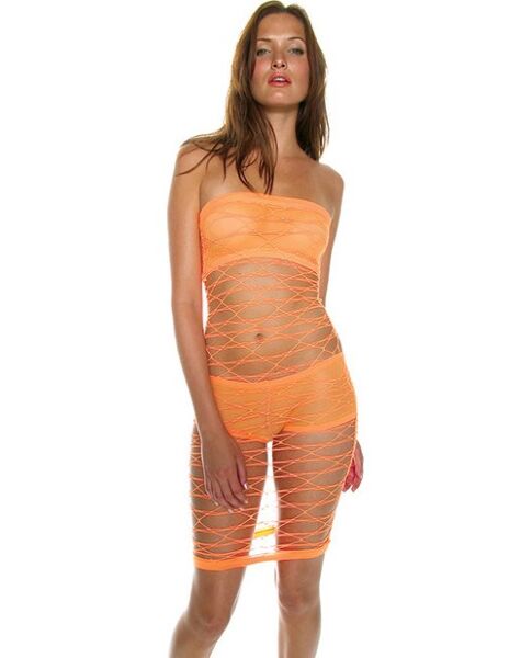 Music Legs orange mesh dress, a mini dress with a top and hotpants underneath