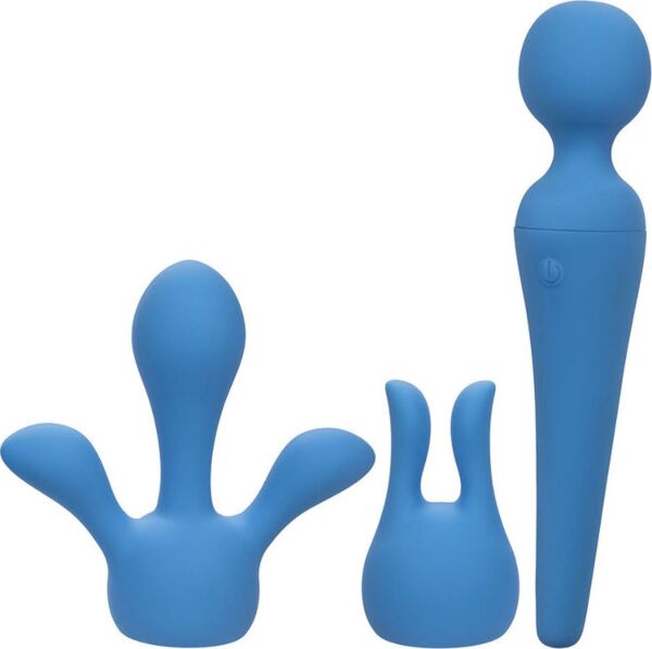 Couture Collection Body Wand Kit wand vibrator by CalExotics, blue, with its two heads
