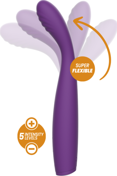 Rewolution Rewostim flexible silicone vibrator, showing its handle and curved tip