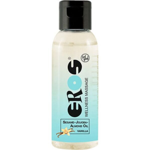 Bottle of Eros Wellness Vanilla massage oil, 50 ml