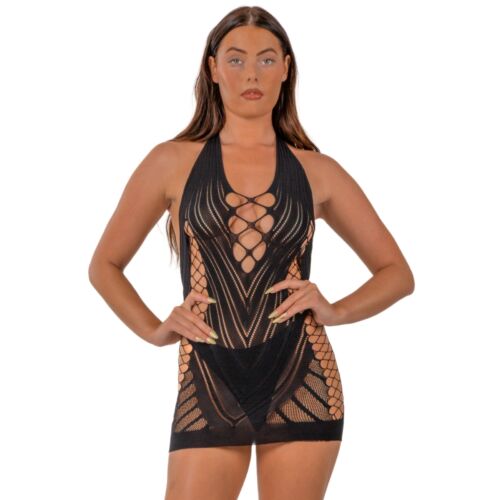 Sexy Lingerie Lace Halter Neck Dress with Faux Up Front