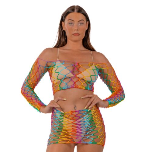 Lace Rainbow Crop Top and Skirt Set with Open-Net Design