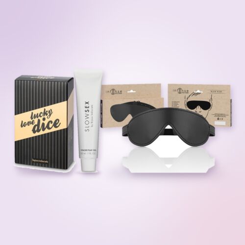 Massage Secret Santa gift kit with kissable gel, blindfold and dice