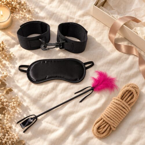 Beginner's soft bondage kit with handcuffs, blindfold, crop and rope – lifestyle scene (AI-generated image)