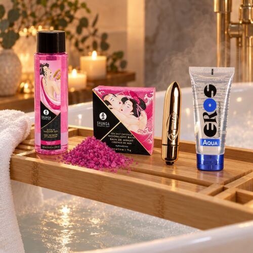 Shower and bath kit with submersible bullet vibrator – lifestyle scene (AI-generated image)