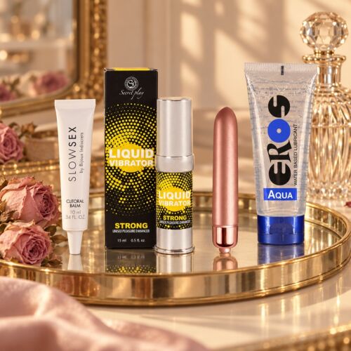 Stimulating kit for her with clitoral balm and bullet vibrator – lifestyle scene (AI-generated image)