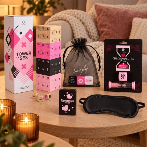Couples' erotic games kit with tower, dice and cards – lifestyle scene (AI-generated image)