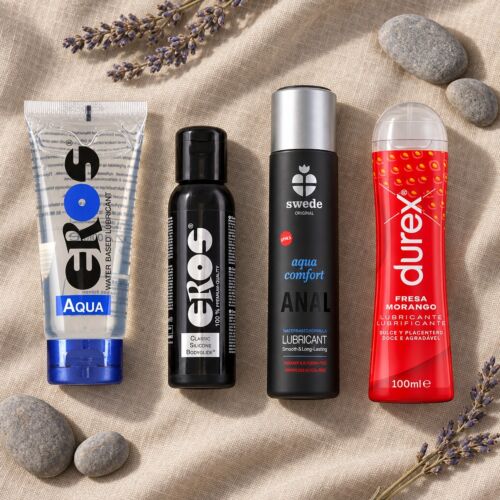Water-based, silicone, anal and flavoured lubricant kit – lifestyle scene (AI-generated image)