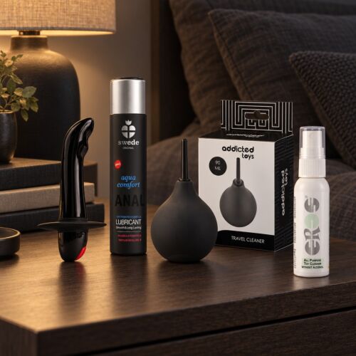Beginner's prostate kit with flared-base vibrator – lifestyle scene (AI-generated image)