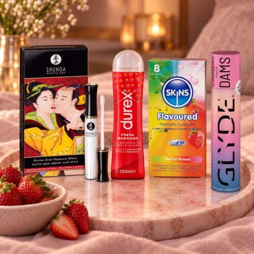 Oral sex kit with gloss, lubricant and flavoured condoms – lifestyle scene (AI-generated image)