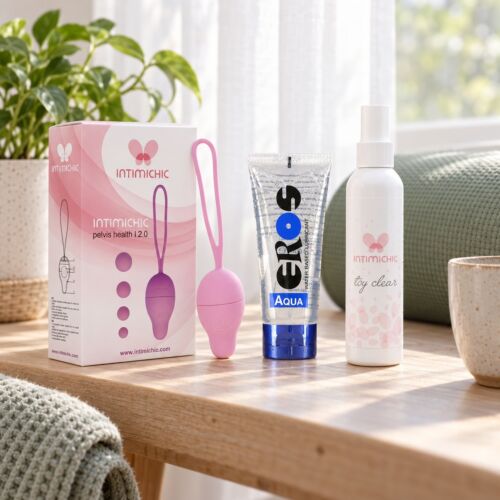 Pelvic floor kit with progressive-weight Kegel balls – lifestyle scene (AI-generated image)