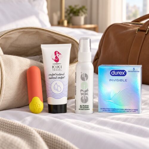 Discreet travel kit with bullet vibrator and lubricant – lifestyle scene (AI-generated image)