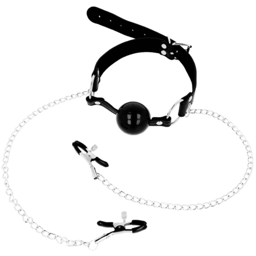 Bondage OhMama Fetish Black Ball Gag with Nipple Clamps