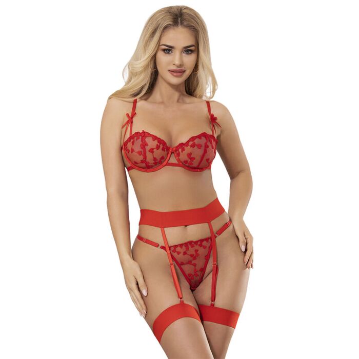 SUBBLIME - 954338 HEART PRINT BRA + THONG + GARTER BELT RED L/XL SUBBLIME - 954338 HEART PRINT BRA + THONG + GARTER BELT RED L/XL