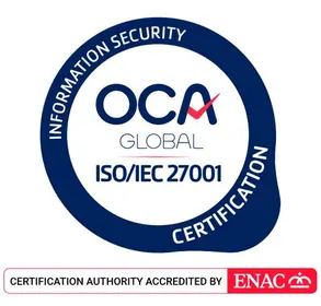 OCA certification mark for ISO/IEC 27001, accredited by ENAC